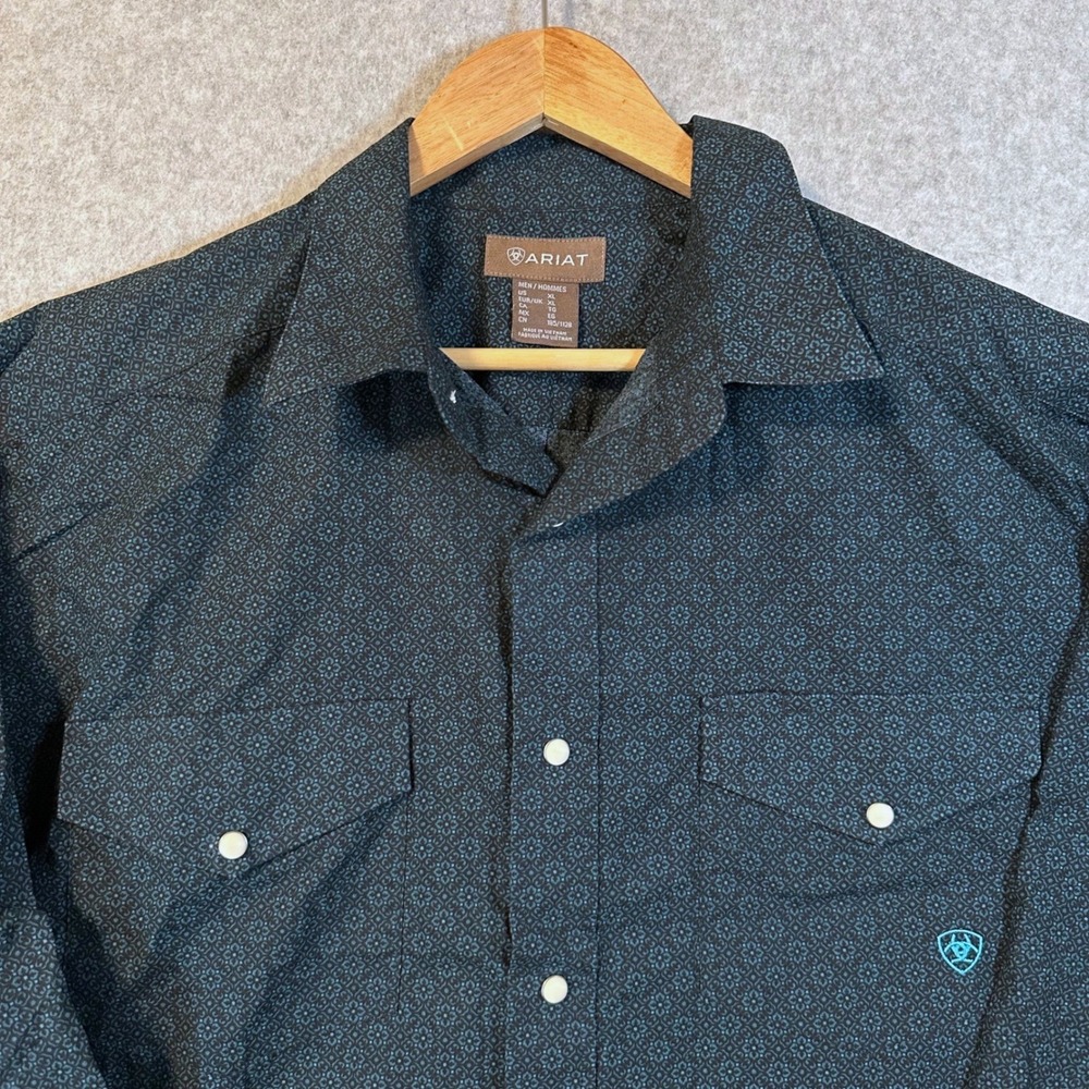 Ariat Western Shirt Mens XL Teal Black Geometric Pearl Snap Long Sleeve Cotton - Picture 2 of 10